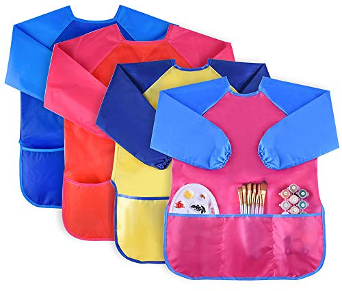 KUUQA 4Pcs Waterproof Kids Play Art Smock, Children's Painting Aprons with Long Sleeve and 3 Pockets for Painting, Feeding，Age 3-6 Years (Paints And Brushes Not Included)