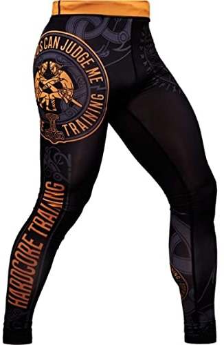 Hardcore Training Men's Compression Pants Kompressionsbyxor Herr Leggings Base Layer Boxing Running Muay Thai MMA No Gi BJJ (DE/NL/SE/PL, Alfa, XS, Regelbunden, Regelbunden, Black/Orange)