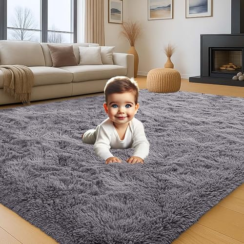 Aspire Homeware Rugs Living Room 120 x 170 - Grey Fluffy Area Rugs for Bedroom Super Soft Large Modern Shaggy Rug Non Slip Thick Pile