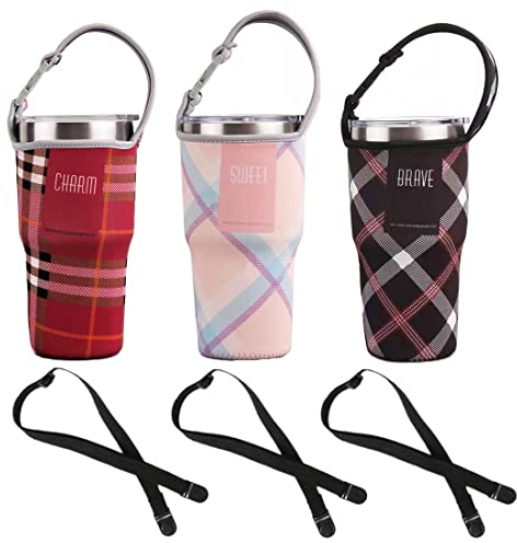 3PCS Tumbler 30oz Carrier Holder Pouch + Shoulder Strap, Fit for YETI, Rtic, Atlin, Ozark Trail, Rambler, Neoprene Sleeve + Carrying Handle, Multi-Color