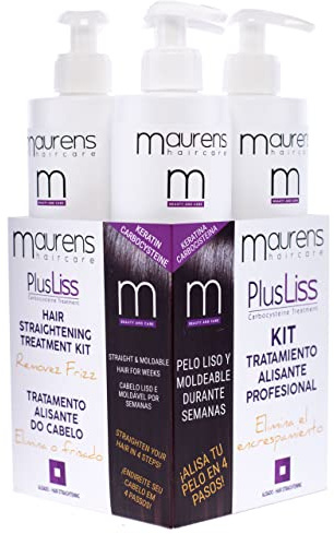 Maurens PlusLiss Alisado Brasileño del Cabello, Tratamiento Capilar a base de Keratina y Carbocysteina, alisado natural y duradero, controla el volumen, Kit Profesional, 4 x 500 ml