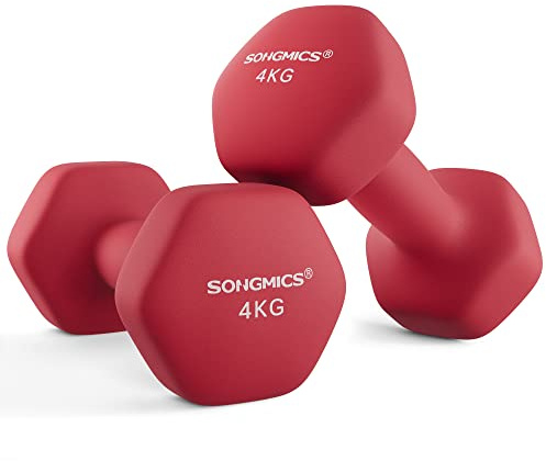 SONGMICS Set of 2 Dumbbells, 2 x 4 kg Hand Weights with Neoprene Coating, Hexagonal Dumbbells Pair, Home Workout, Fitness Training Exercise, Ruby Red SYL908R01