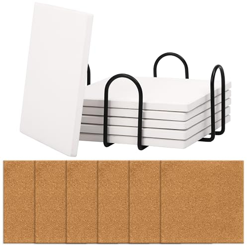 Belle Vous 6 Pack of White Square Ceramic Coasters with Cork Backing Pads & Holder - 10 x 10cm/4 x 4 Inches - Unglazed Blank Coaster Tiles for DIY Crafts, Painting, Acrylic Pouring & Alcohol Ink