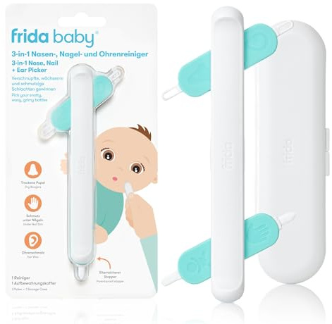 Frida Baby 3-in-1 Reiniger für Nase, Ohren & Nägel | Reinigungsset mit 4 Aufsätzen für Babys & Kleinkinder | Entfernt Schleim, Ohrenschmalz & Schmutz sicher | Inkl. Aufbewahrungsbox