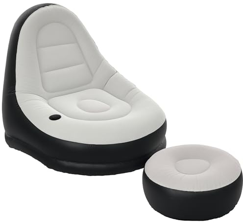 Outsunny Inflatable Chair and Footstool, Inflatable Sofa Lounger with Soft Plush Fabric and Cup Holder, for Camping, Gaming, Reading and Movie Watching, Grey