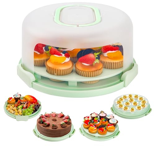 NPLUX Green Cake Containers with Lids Round Plastic Cupcake Holders 4-in-1 Multipurpose Cake Carrier Holder for 11 Inch Cake Pies Cupcake Eggs Fruit or Snack Transport