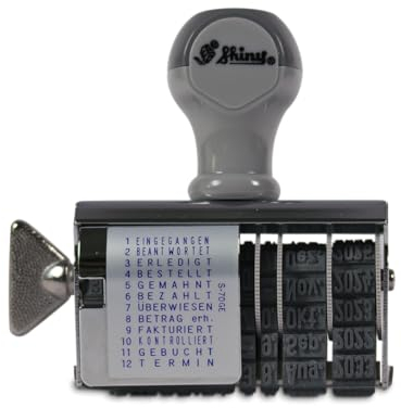 Wortbandstempel mit einstellbarem Datum bis 2033-12 Begriffe aus dem Arbeitsalltag - GEBUCHT, BEZAHLT etc.