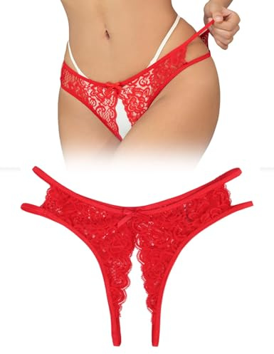 ohyeahlady String Femme Culotte Dentelle Tanga Chic Mini String Fendu Lingerie sous Vetement G-String(Rouge,XL)