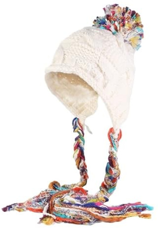 xinrishe Chapeau Péruvien Chaud d'hiver avec Pompons Colorés, Oreillettes Tricotées, Jolis Pompons Au Crochet, Bonnet pour Femmes Et Filles(White)
