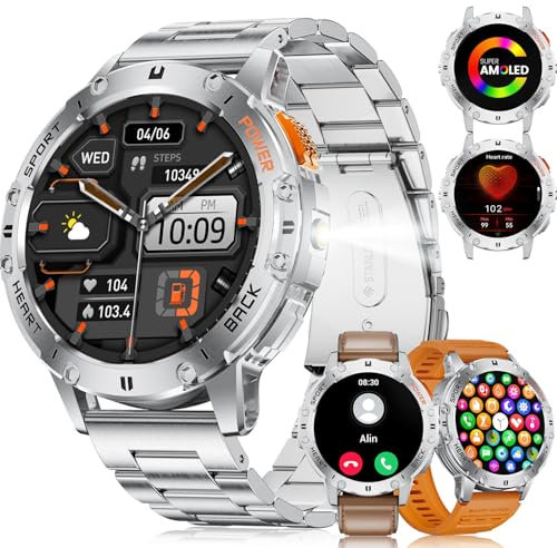 LIGE Military Smart Watch for Men with Flashlight,530mAH Outdoor Sport Fitness Tracker Watch,1.43 HD Smartwatch for Android iOS with Heart Rate Blood Pressure Monitor Silver 3 Straps
