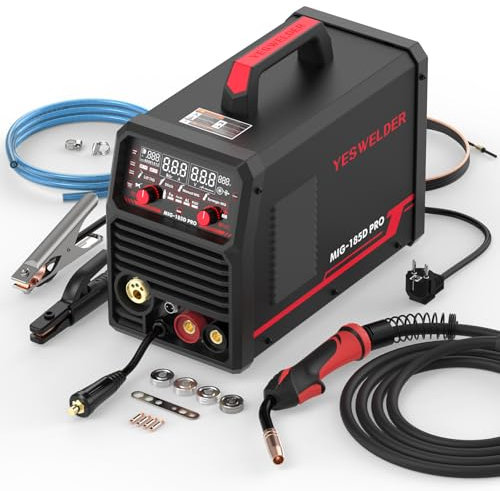 YESWELDER 185A Soldador MIG MAG, Flux Core MIG/Gas MIG/Pistola de Carrete MIG/Lift TIG/Stick 6 en 1 Multi-proceso Soldadora de Aluminio, Pantalla Digital LED Control Sinérgico 230V
