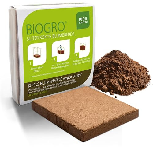 BioGro® Kokoserde gepresst im Quellbeutel - Biologisch abbaubare, torffreie Blumenerde aus Kokosfasern ideal als Anzuchterde (3 Liter, 1 Stück)