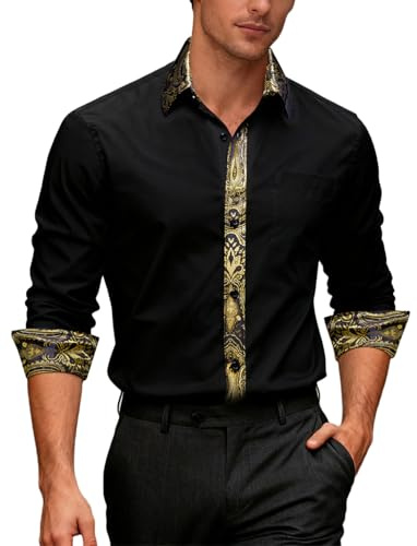 Ailisus Chemises pour homme à manches longues avec contraste extérieur décontracté, coupe régulière, boutonnées sur toute la longueur, chemises de créateur pour fête, travail, mariage, S-3XL, doré