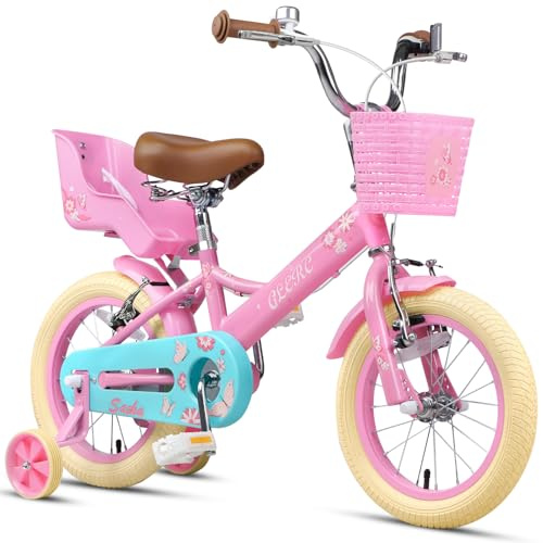 Glerc Bicicleta Infantil para Niñas 14 Pulgadas para Niños de 3 4 5 Años con Ruedines & Asiento de Muñeca & Cesta, Rosa