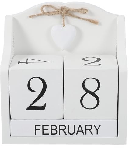 sourcing map Wooden Desk Calendar, Wood Block Perpetual Calendar Vintage with 5 Blocks & Heart Reusable Month Date Display for Desk Office Home Desktop Decoration, White
