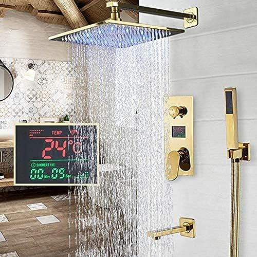 QIYFOZ Luxury Gold Bathroom Faucet Set LED Rain Shower Head Wall-Mounted Mixer Tap Bathtub Spout Complete Shower Fixtures for Elegant Bathrooms