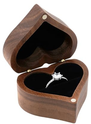 Amexo Boîte à Bagues en Bois en Forme de Coeur, Boîte à Bagues en Bois de Noyer avec Velours Noir, Boîte à Bijoux Boucles d'oreilles pour Mariage Fiançailles (C)