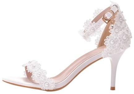 YARNOW Sandales à Talons Hauts Blanches pour Femmes Design en Dentelle Élégante, Confortables et Stables, pour Mariage et Festivals, Pointure 37