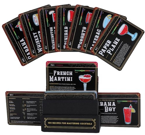 Tarjetas Recetas Cóctel Set 100 – Recetas Clasificadas por Alcohol, Soporte Práctico en Lugar de un Libro, Accesorios Bar y Coctelería, Regalo Alcohol Hombre, Bar en Casa para Fiestas y Reuniones