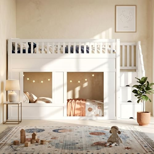 Jovify Bunk Beds With Storage Stairs, Toddler Floor Bed, Twin Over Twin Cabin Loft Bed For Kids, 3ft Single Wooden Gaming Beds 90 x 190 cm, Mid Sleeper Children's House Bed Frame, White, No Mattress