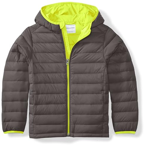Amazon Essentials Abrigo acolchado, ligero y resistente al agua con capucha para niños, gris oscuro, amarillo neón, talla XXL
