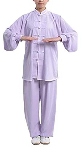 Femmes De Coton Et Lin Tai Chi Uniforme Et Qi Gong Boucle Col Debout Costume Deux Pièces Violet Clair L