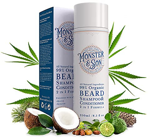 Monster&Son Organic Beard Shampoo & Conditioner 2 in 1 - Beard Wash with Conditioning For Men - Gentle Face Cleanser For Sensitive Skin - Hypoallergenic, Paraben & Sulphate Free - Long Lasting 250ml
