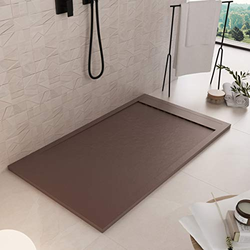 Luminosa ArredoBagno Plato de ducha de resina 80 x 90 cm – Efecto piedra antideslizante con gel – Modelo Luxury marrón – Parrilla de color liso y desagüe incluidas