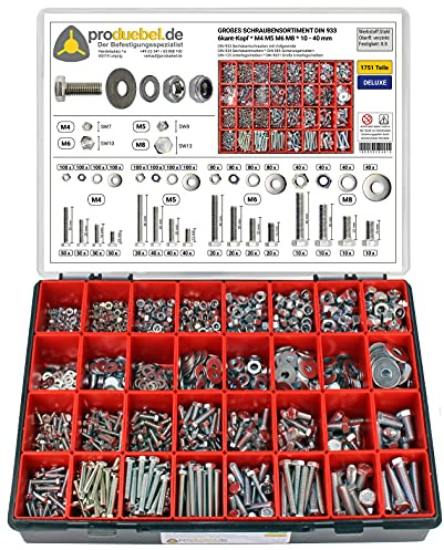 Großes Schrauben-Sortiment 1751-teilig – DIN 933 Sechskantschrauben M4–M8 inkl. Muttern, Unterlegscheiben & Stoppmuttern – verzinkter Stahl – Deluxe-Box