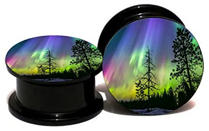 Wycian Dilatatore Kit, Plug Orecchio Nero Acrilico con Motivo Aurora e Alberi 16mm per Donna Dilatatore Lobo Anello Gioielleria