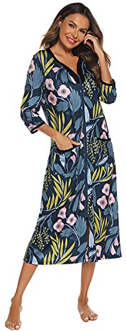 Verve Jelly Women's Zipper Robes 3/4 Sleeve Floral Print Bathrobe Lightweight Housecoats with Pockets Ladies Loungewear