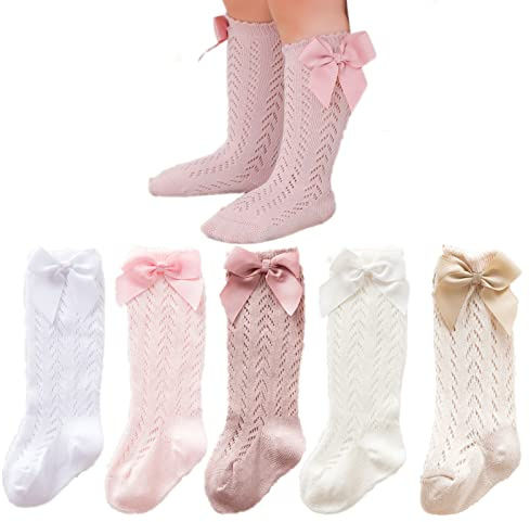 Taous Assam Calcetines hasta la rodilla para bebés, niñas, niños pequeños, lazos, malla, largos, calcetines finos, para primavera y verano