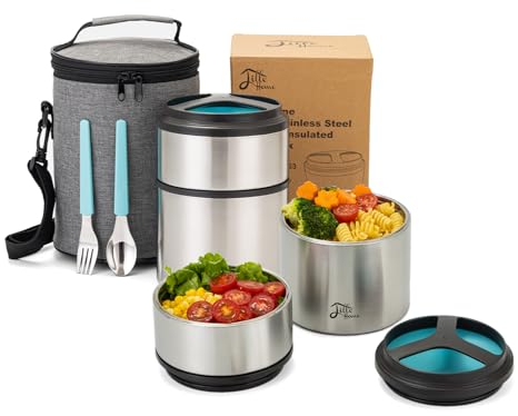 Lille Home Thermosflasche, 1500 ml, vakuumisoliert, stapelbar, Edelstahl, Thermo-Lunch-/Snackbox, 2-stöckig, Bento-/Lebensmittelbehälter mit Lunchtasche (Blau)
