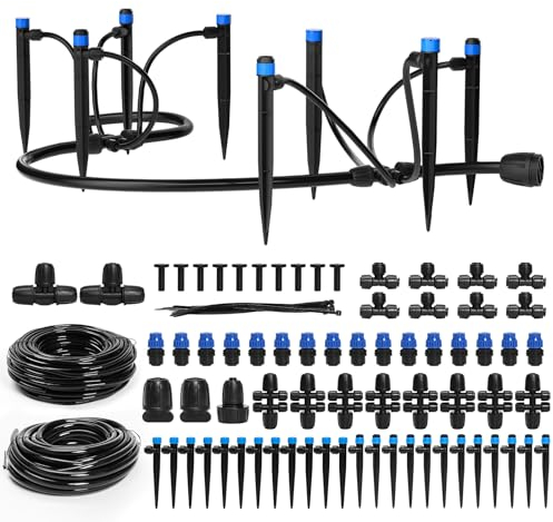 Bonviee Sistema di irrigazione a goccia con connettore rapido, kit automatico di irrigazione a goccia per serra da giardino rialzata, sistema di irrigazione completo con tubi da 1/4, emettitori a