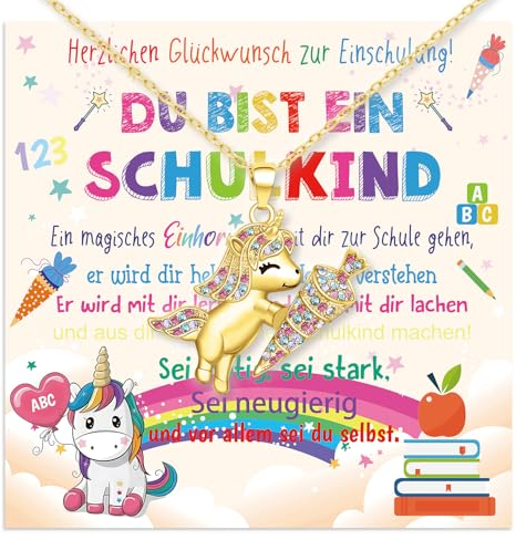 Rorchio Einschulung Geschenk Mädchen, Einhorn Schultüte Füllung Gold Halskette Schulanfang Geschenke Plus Grußkarte für Schulkind Tochter Enkelin Nichte