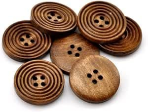 Wooden Buttons with Carved Circles Design, 25mm, Brown, Pack of 6, 4-Hole