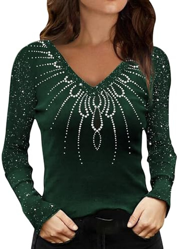 kuiazelit Hauts scintillants pour femmes UK Grande taille - Hauts de fête pour femmes UK Haut à manches longues mode à paillettes Col en V T-shirt léger Vêtements de fête mode Hauts de soirée noirs
