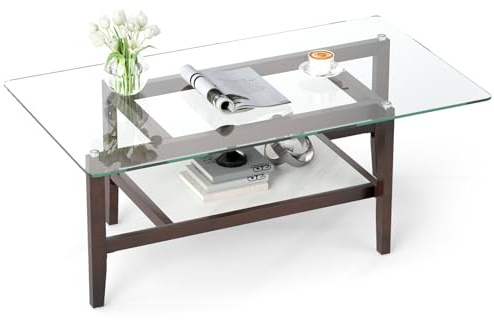 GIANTEX Tavolino da caffè in vetro, moderno rettangolare per soggiorno, tavolino da tè a 2 livelli, tavolino lungo con gambe in legno massiccio, tavolo in vetro per soggiorno, ufficio (107 x 60 x 42