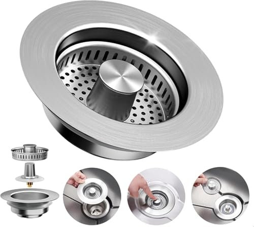 Tapon Fregadero Cocina, Tapon Fregaderos Cocinas Y Colador Fregaderoa Combinación,Filtro Fregadero Cocinas Acero Inoxidable 304,válvula De Drenaje Emergente,Orificio De 75 – 86 mm,Profundidad > 40 mm