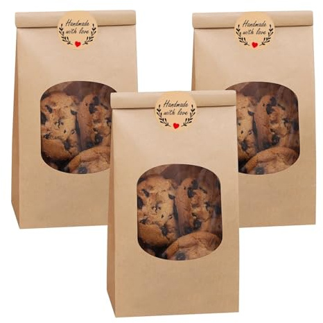 Frizlryem 25 Sacchetti per Biscotti con Finestra Trasparente, Sacchetti di Carta Kraft per Alimenti con Chiusura a Linguetta, 9 x 6 x 17 cm, per Dolci, Pane, Caffè, Marroni，caramelle, snack