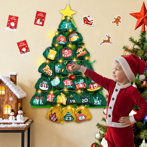 Christmas Advent Calendars with Pockets, Lincentra 2025 30in Fabric Christmas Tree Hanging Advent Calendar Reusable, DIY Hanging Pendant Creative Felts for Home Xmas Countdown Decoration
