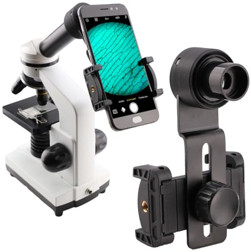 Starboosa Adattatore per smartphone per microscopio con oculare grandangolare WF16x integrato, testa stampata in 3D in un pezzo, telaio in lega di alluminio, supporto per telefono con morsetto a molla