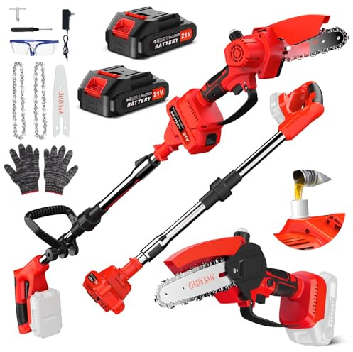 Set 2 in 1 Potatore ad Asta a Batteria e Motosega a Batteria, Mini Motosega Senza Fili da 8 Pollici con 2 Batterie Ricaricabili, Asta di Prolunga da 153 cm, Motore in Rame Puro da 650 W, Angolo di