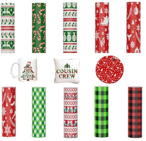 Hojas de tinta para transferencia de fusibles de 4,5 x 12 pulgadas Papel de sublimación para camiseta, tazas, prensa de calor (Navidad, 10 piezas)
