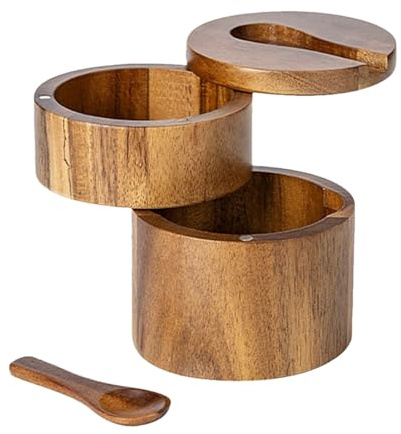 Saltströare – Trä 9 x 9 x 10,5 cm, salt, pepparbehållare med magnetiskt vridbart lock | Träburk 2 nivåer sockerkaffe med kökssked för, socker och kaffe