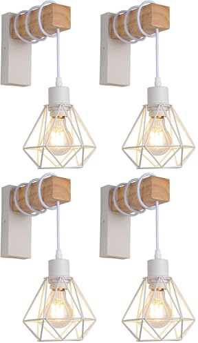 B·LED BARCELONA LED LedApplique da parete vintage in design industriale, lampada retrò in acciaio e legno, colore bianco, marrone, attacco E27 (LM133-B-Y) (Confezione da 4)
