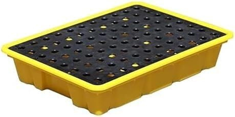 Robust, modulär uppsamlingsbricka med dräneringsbehållare, gul-svart randig uppsamlingsplattform, mått 49 x 35 x 9,5 cm, industriell lösning för läckagekontroll, säkerhetsuppsamlingsbricka.