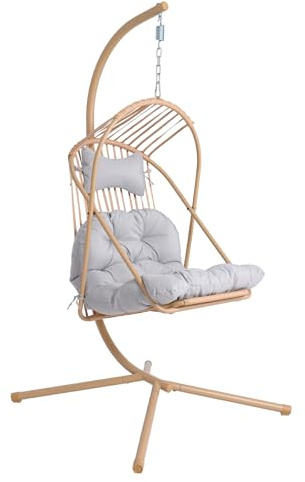 Jadoxy Hanging Egg Chair wth Stand Patio Hammock Swing Chair with Water&UV Resistant Cushion for Bedroom Balcony Garden Indoor Outdoor, Yellow Gray