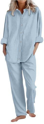 duaicnvow Tuta Lino Donna Estiva Elegante Coordinato Larghi Camicia + Pantaloni Leggera Cotone E Lino Estivo Completi Estivi Donna Curvy Lunghi Abbigliamento Taglie Forti Comoda Tute Da Spiaggia