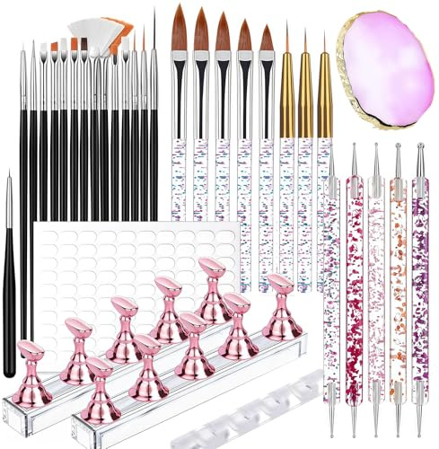 Glamoreal Nail Art Set, 23 pièces avec pinceaux nail art, 5 outils de dotting, 2 ensembles de supports pour ongles, 100 points adhésifs double face, palette nail art, porte-pinceau pour nail art DIY